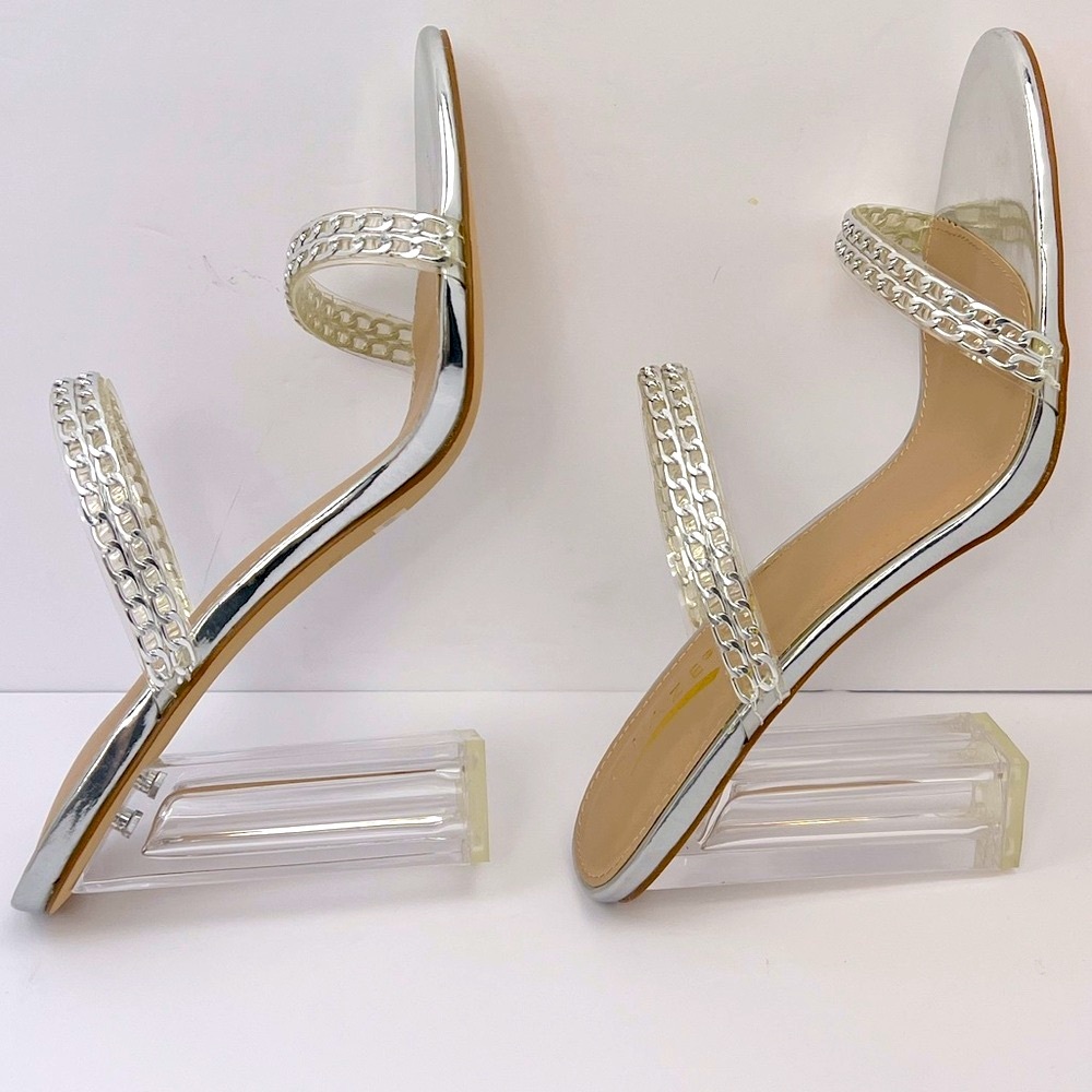 GLAZE SILVER CHAIN STRAPPY SANDALS, ALL MAN-MADE MATRIAL, WOMEN’S SIZE 10 - Picture 10 of 17